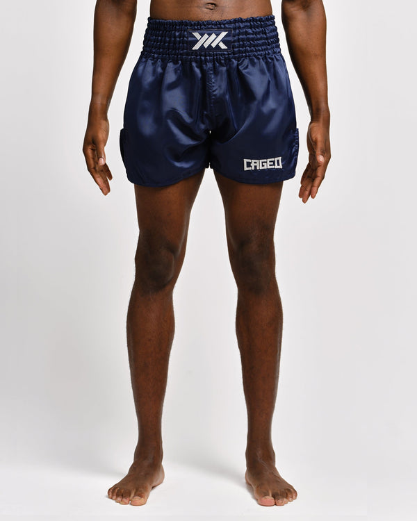 Shorts de Muay Thai Caged Classic – Bleu marine/Blanc